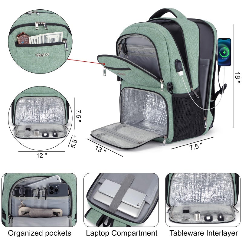 Velaybor Insulated Lunch Backpack Fit 17" Laptop, Work Backpack with Lunch Box & USB Charging Port for Men Women, Water Resistant College Computer Bag for Travel, Business, Hiking (Green) - Image 2