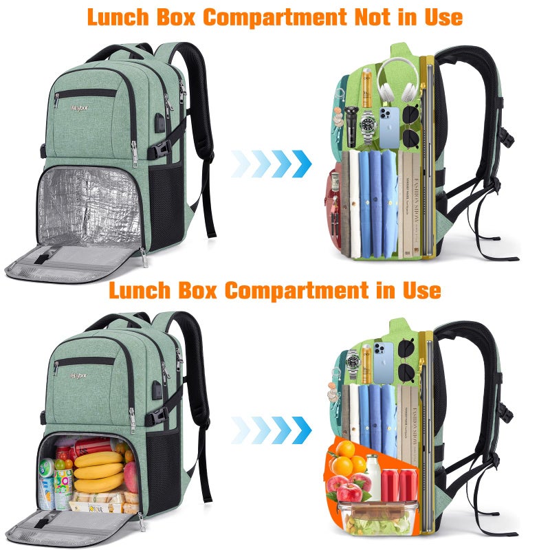 Velaybor Insulated Lunch Backpack Fit 17" Laptop, Work Backpack with Lunch Box & USB Charging Port for Men Women, Water Resistant College Computer Bag for Travel, Business, Hiking (Green) - Image 5