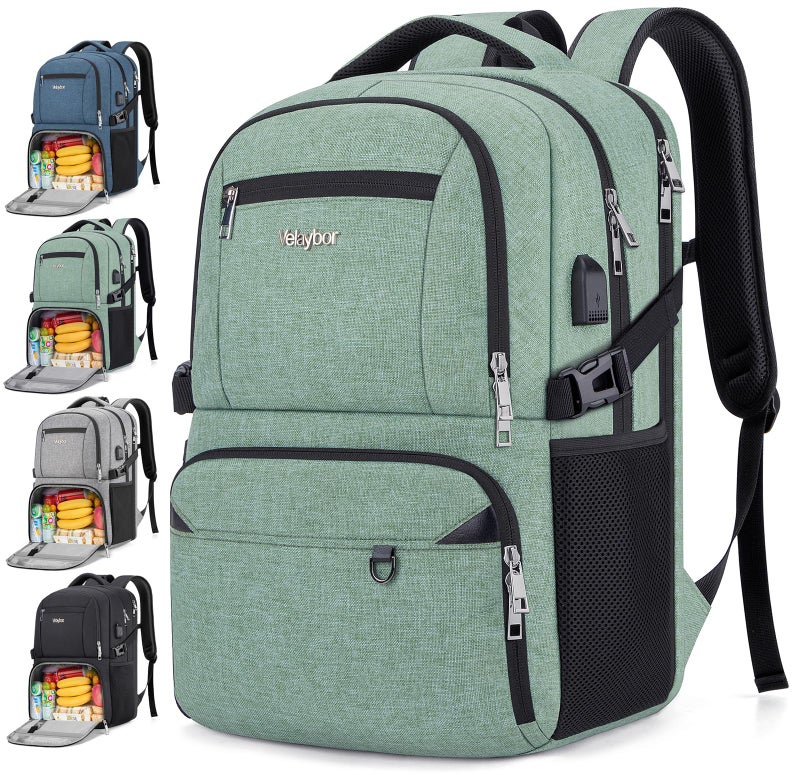 Velaybor Insulated Lunch Backpack Fit 17" Laptop, Work Backpack with Lunch Box & USB Charging Port for Men Women, Water Resistant College Computer Bag for Travel, Business, Hiking (Green) - Image 1