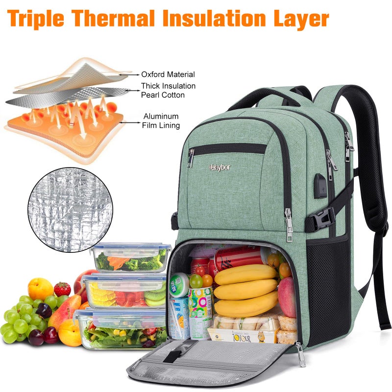 Velaybor Insulated Lunch Backpack Fit 17" Laptop, Work Backpack with Lunch Box & USB Charging Port for Men Women, Water Resistant College Computer Bag for Travel, Business, Hiking (Green) - Image 3