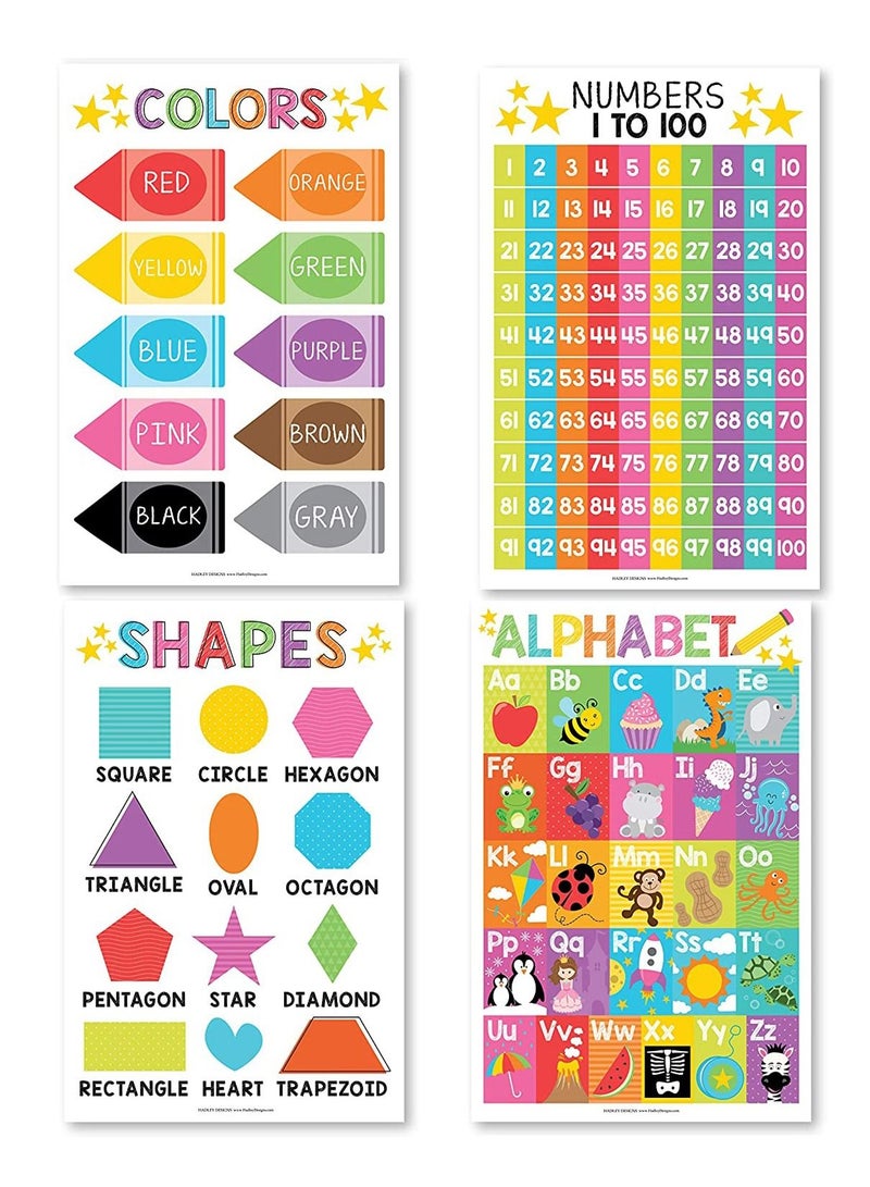 Educational Preschool Poster for Toddler and Kid 4 Pcs, Alphabet Numbers Colors Shapes, Classroom Learning Alphabet Poster, Nursery Homeschool Kindergarten, Laminated Educational Supplies 11x17inch  - Image 1