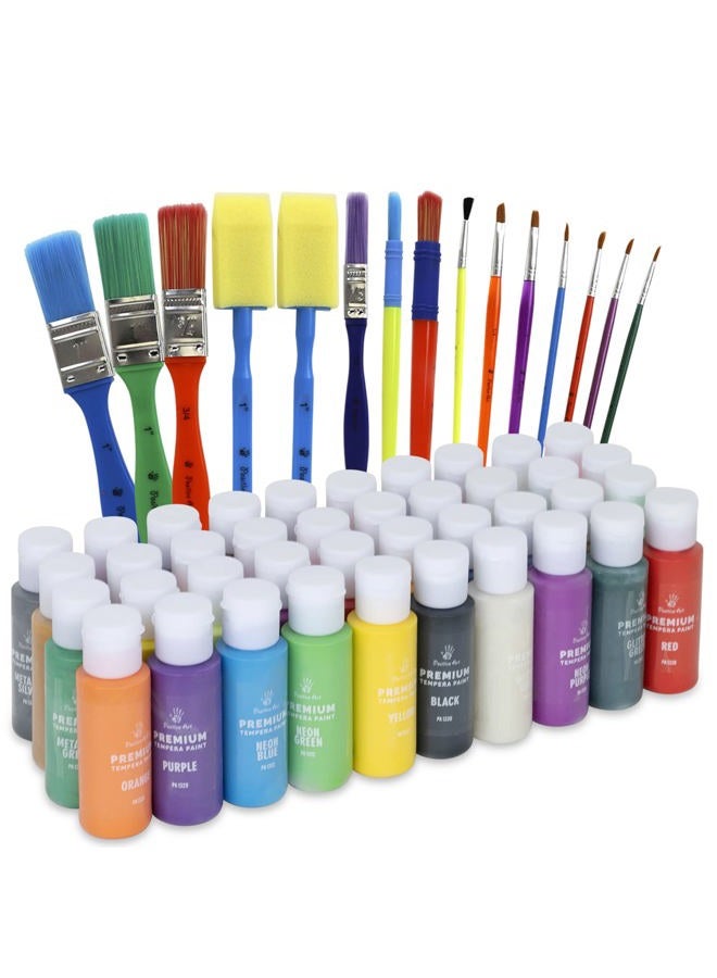Positive Art Kids Tempera Paint Set | Value Pack Includes 40 Washable Non-Toxic Colorful Paints (2oz bottles) & 15 Brushes | Metallic, Neon, Glow In The Dark, Glitter Paints | Paint For Arts & Crafts, Fun Projects - Image 1