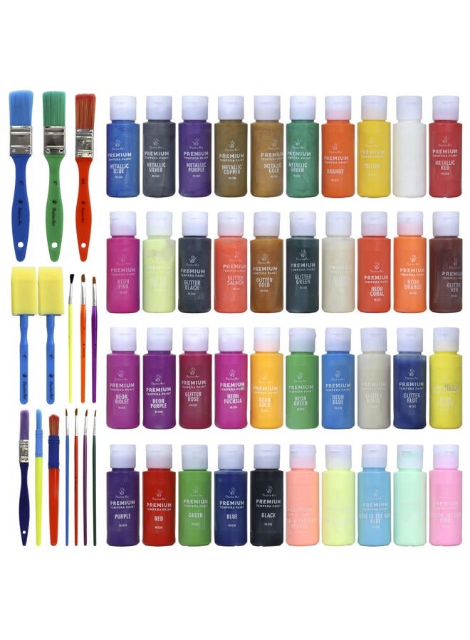 Positive Art Kids Tempera Paint Set | Value Pack Includes 40 Washable Non-Toxic Colorful Paints (2oz bottles) & 15 Brushes | Metallic, Neon, Glow In The Dark, Glitter Paints | Paint For Arts & Crafts, Fun Projects - Image 2