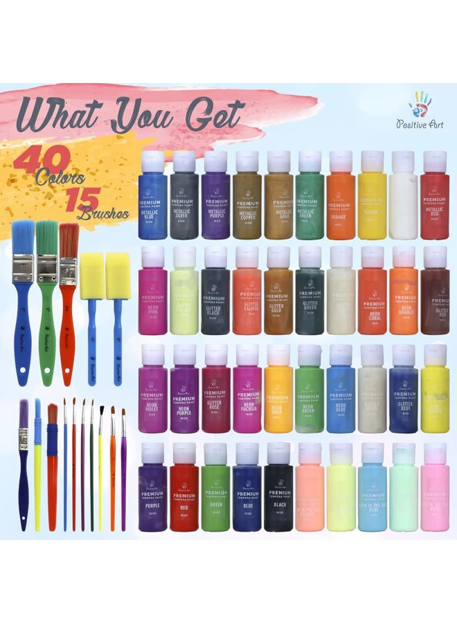 Positive Art Kids Tempera Paint Set | Value Pack Includes 40 Washable Non-Toxic Colorful Paints (2oz bottles) & 15 Brushes | Metallic, Neon, Glow In The Dark, Glitter Paints | Paint For Arts & Crafts, Fun Projects - Image 4