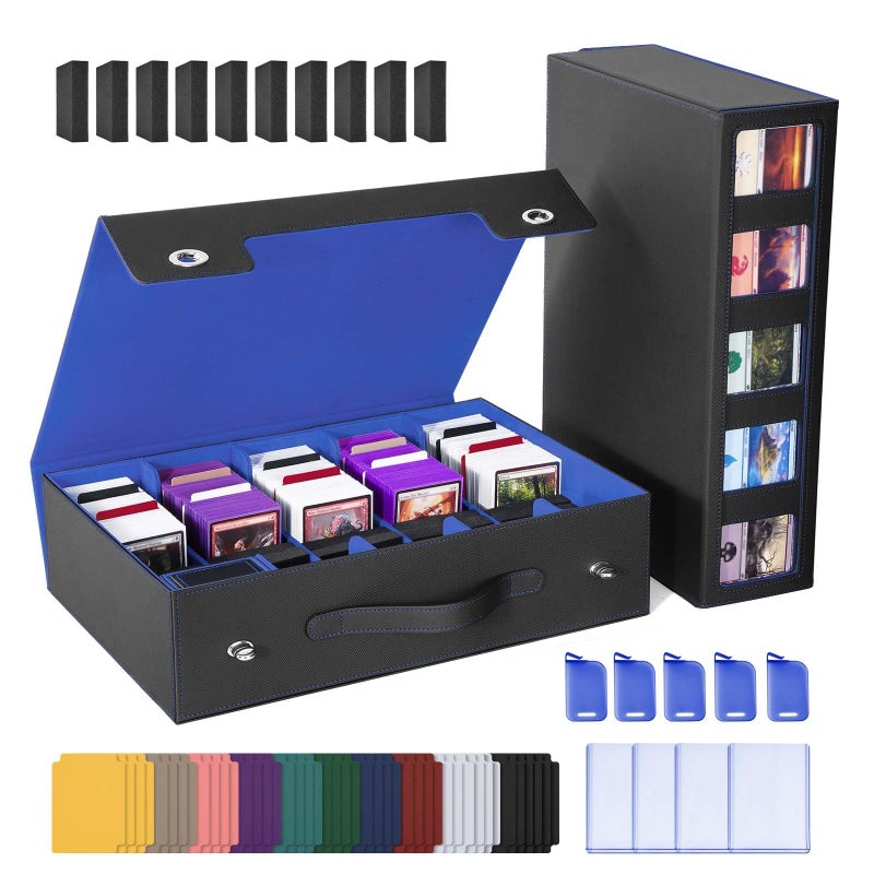 UAONO Trading Card Storage Box with Commander Display, 5 Row Magic Card Box with Handle & Aluminum Alloy Locking for 3900+ Unsleeved Cards Suits for MTG PTCG TCG Sports Cards (Black Blue) - Image 1
