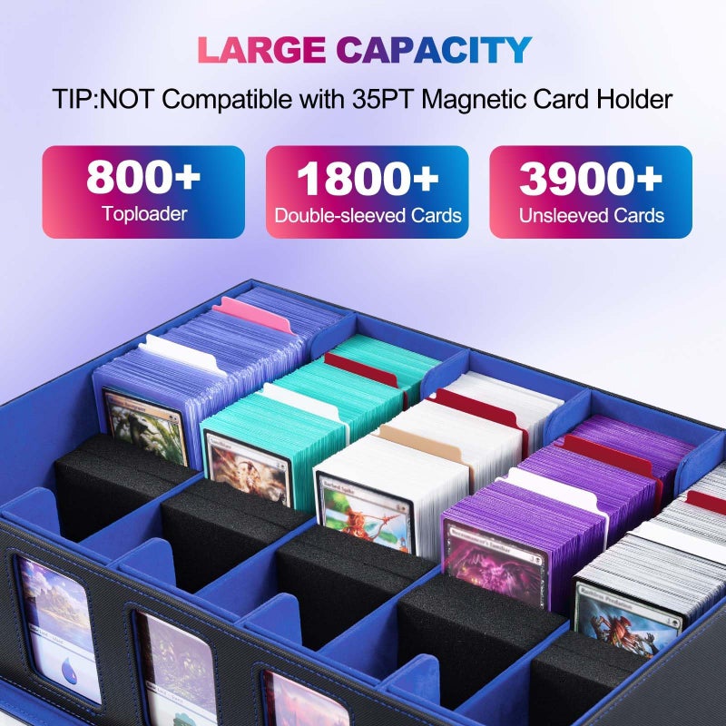 UAONO Trading Card Storage Box with Commander Display, 5 Row Magic Card Box with Handle & Aluminum Alloy Locking for 3900+ Unsleeved Cards Suits for MTG PTCG TCG Sports Cards (Black Blue) - Image 2