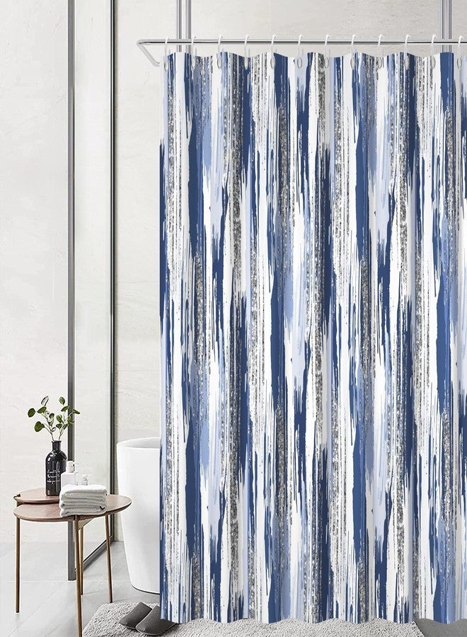 Ruelvth Navy Blue Shower Curtain, Modern Abstract Ombre Navy Blue and Silver Shower Curtain Set with Hooks Waterproof Minimalist Aesthetic Bathroom Curtain, 72x72 Inch - Image 1