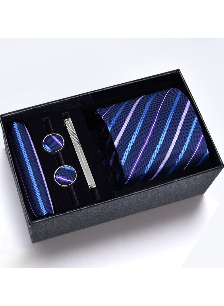 Hiras Fashionable Stripes Pattern Necktie Suit Gift Box Set（Tie, Pocket Square, Cufflinks, Tie Clip Set )-Purple Blue - Image 1