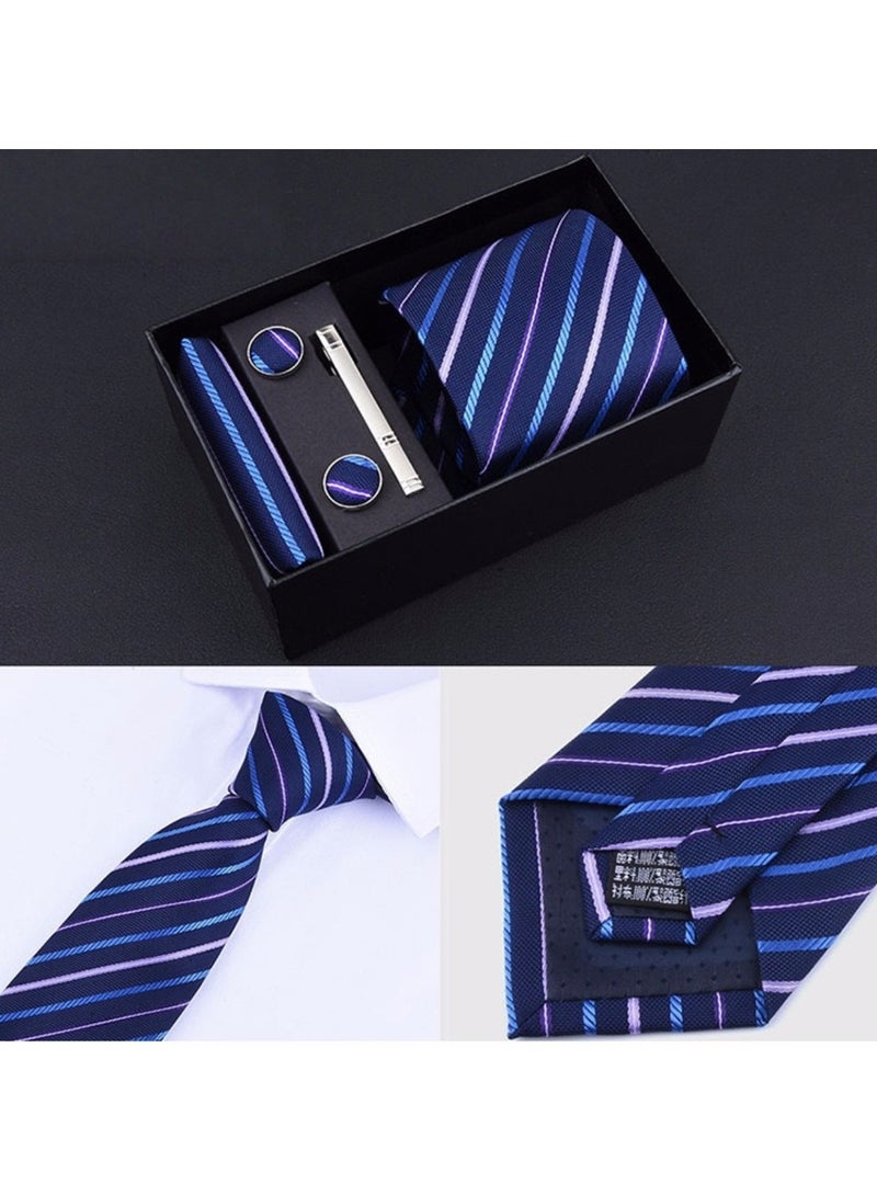 Hiras Fashionable Stripes Pattern Necktie Suit Gift Box Set（Tie, Pocket Square, Cufflinks, Tie Clip Set )-Purple Blue - Image 3