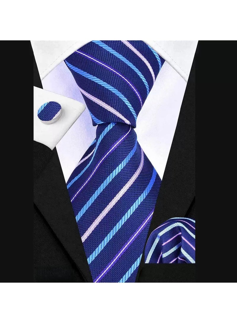 Hiras Fashionable Stripes Pattern Necktie Suit Gift Box Set（Tie, Pocket Square, Cufflinks, Tie Clip Set )-Purple Blue - Image 2