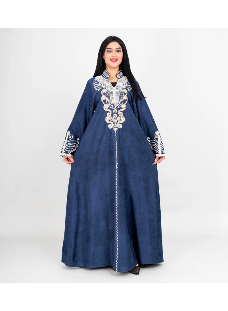 IKKXA Winter Asian Neckline Front Embroidery Jalabiya IK1075 Blue