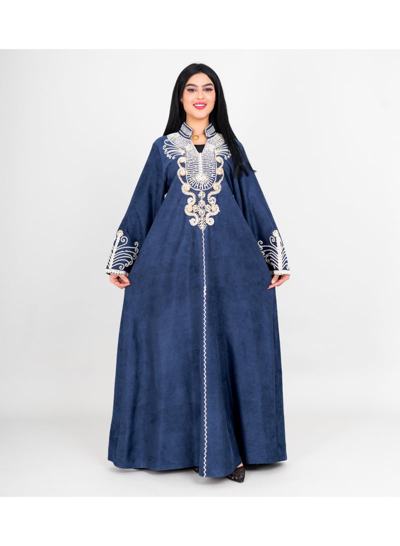IKKXA Winter Asian Neckline Front Embroidery Jalabiya IK1075 Blue - Image 1