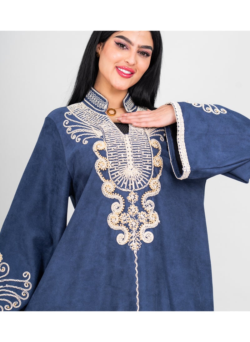 IKKXA Winter Asian Neckline Front Embroidery Jalabiya IK1075 Blue - Image 2