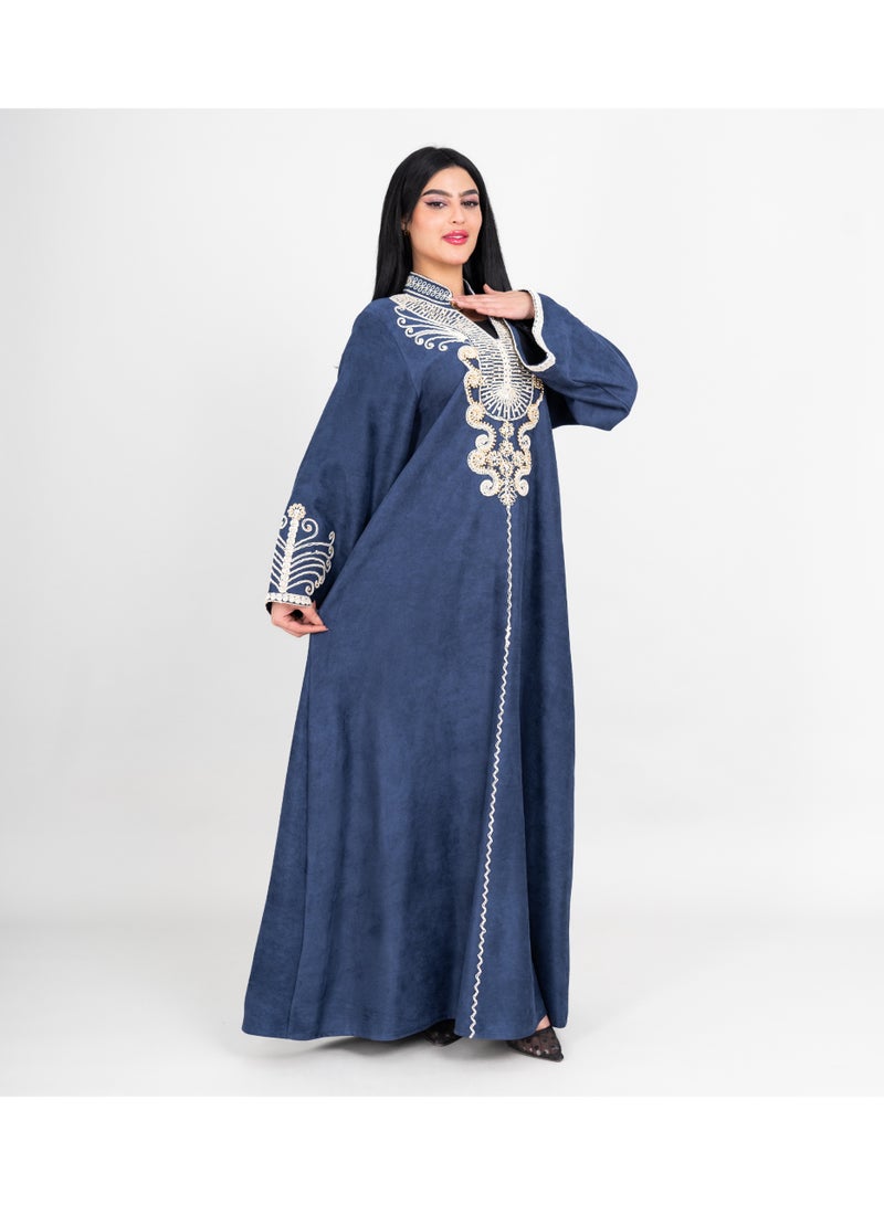 IKKXA Winter Asian Neckline Front Embroidery Jalabiya IK1075 Blue - Image 3