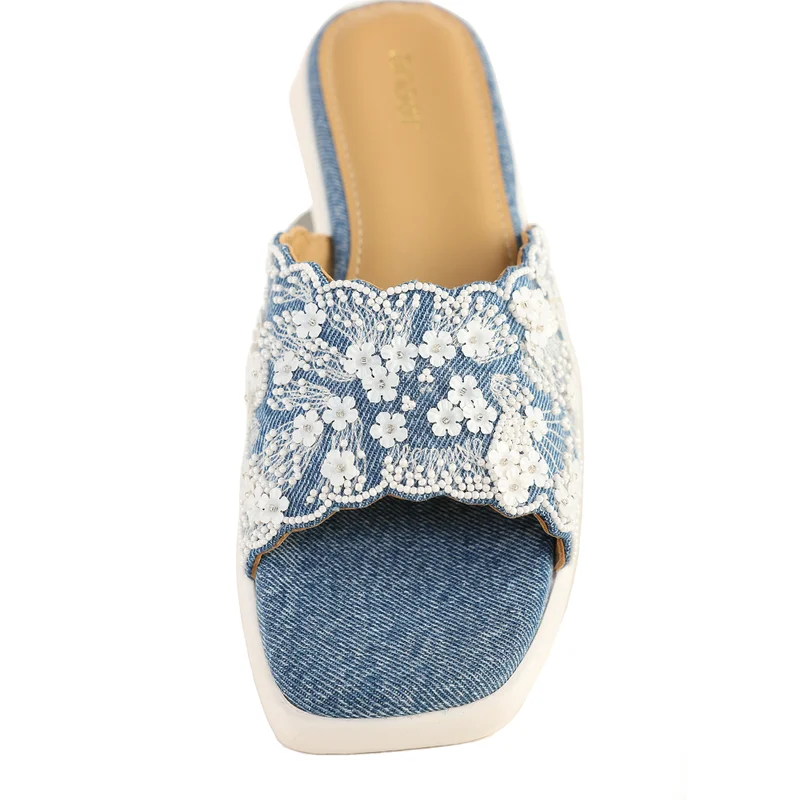 Anaar Anaar Mallorca Denim Open Sandals – White Floral Embellished Strap with Scalloped Edge