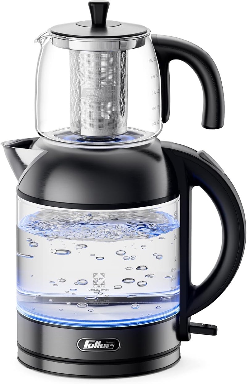 Feller Germany TS289 2-in-1 Tea Maker, 2L German Schott Glass Kettle + 1L Teapot, 2200W Strix Control, Keep Warm, BPA Free, Stainless Steel Filter (Platinum) - 2Y Guarantee-KSA Version - Image 1