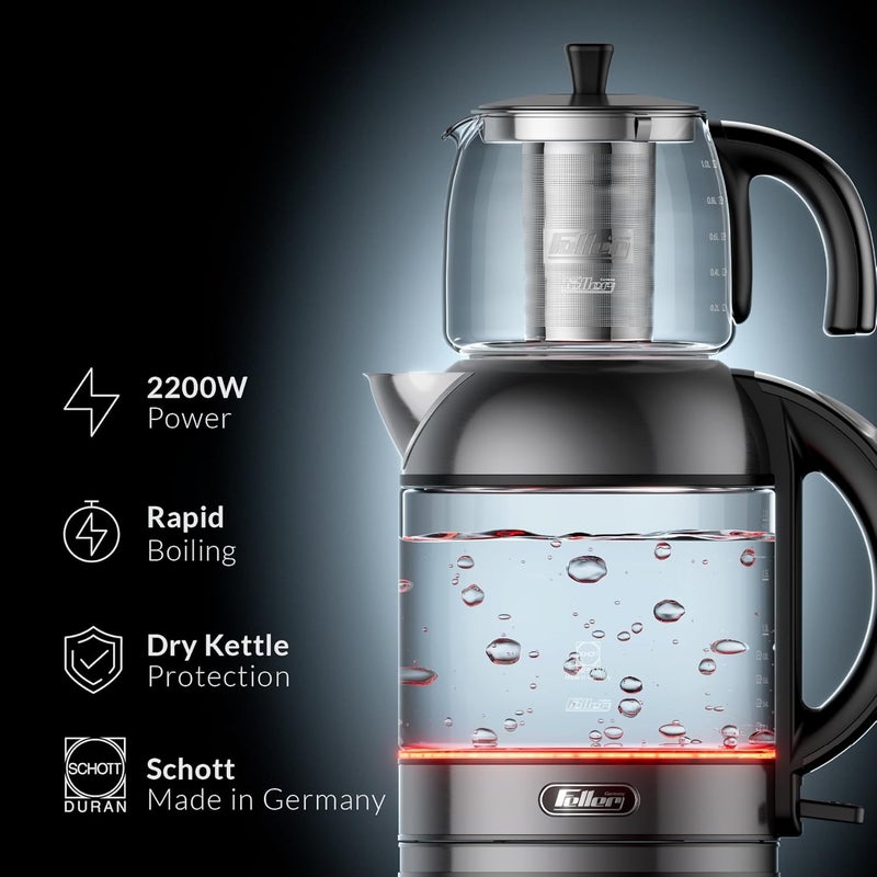 Feller Germany TS289 2-in-1 Tea Maker, 2L German Schott Glass Kettle + 1L Teapot, 2200W Strix Control, Keep Warm, BPA Free, Stainless Steel Filter (Platinum) - 2Y Guarantee-KSA Version - Image 2