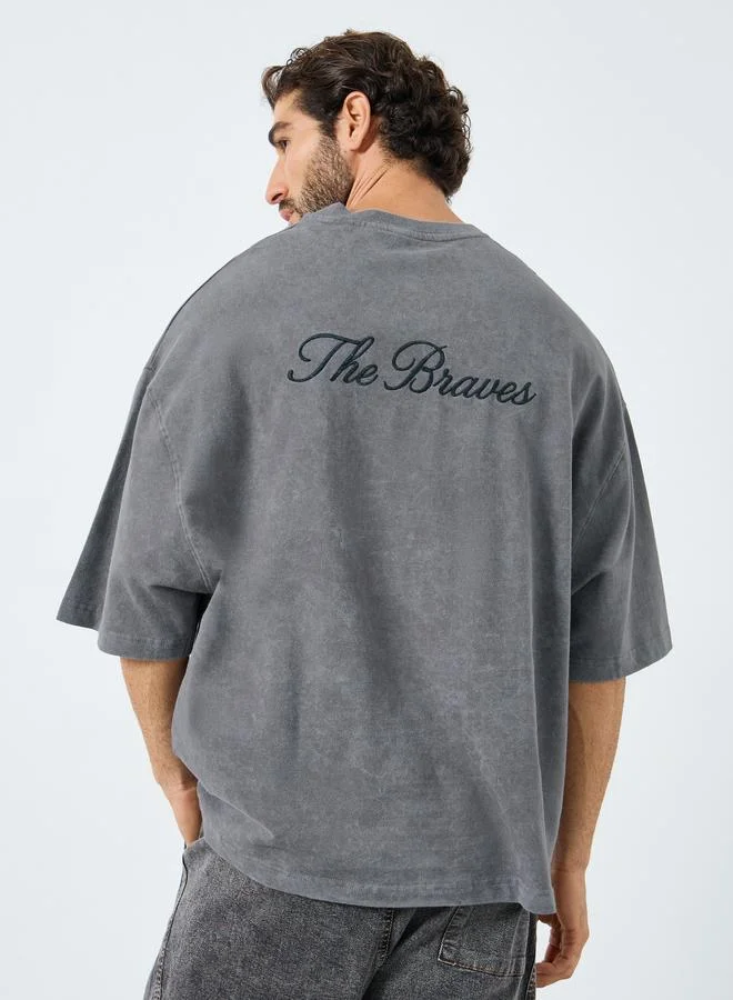 Styli Men Grey Acid Wash Boxy Fit Embroidered T-Shirt