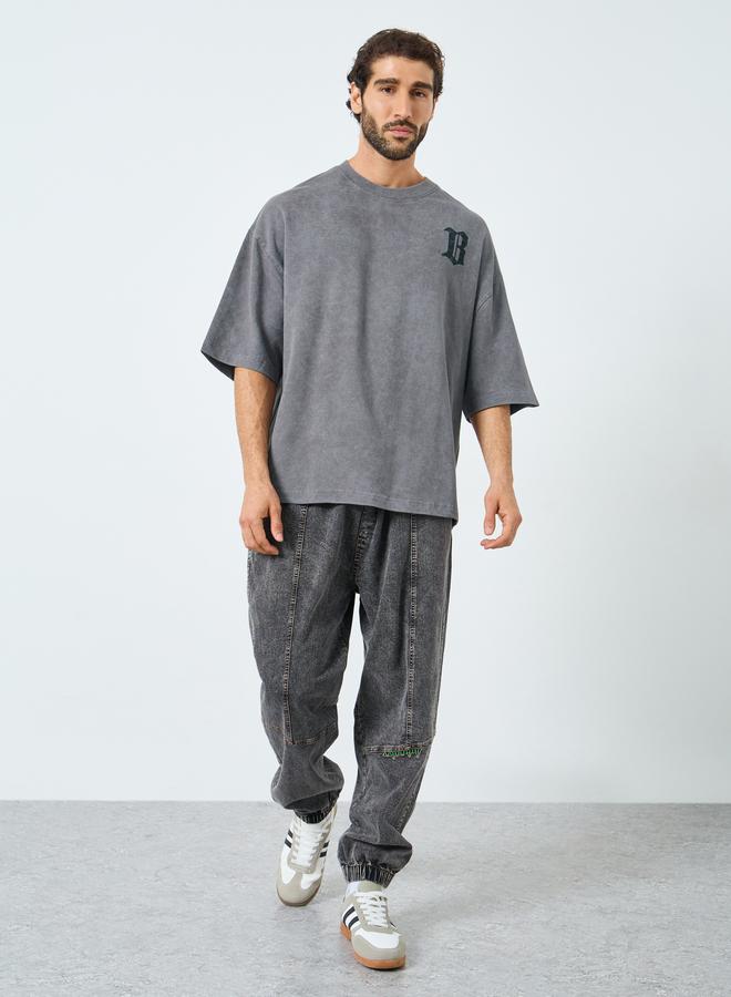 Styli Men Grey Acid Wash Boxy Fit Embroidered T-Shirt - Image 2
