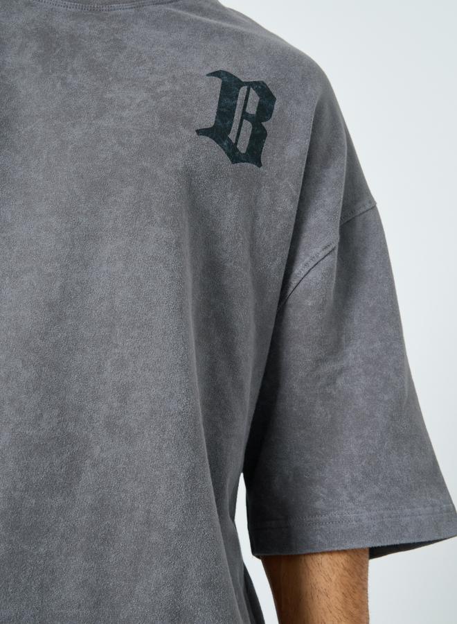 Styli Men Grey Acid Wash Boxy Fit Embroidered T-Shirt - Image 4