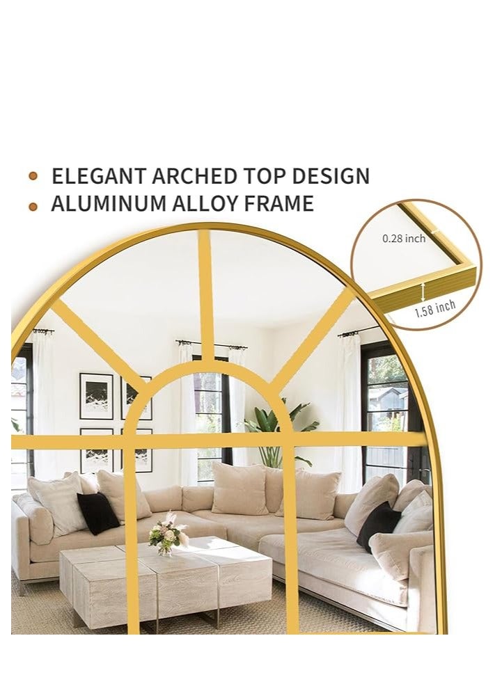 170x60cm Arched Wall Mirror with Aluminum Alloy Frame, HD Glass, Gold Finish, Leaning or Wall-Mounted, Farmhouse Style Metal Framed Mirror for Living Room, Bedroom, Entryway, Elegant Home Décor