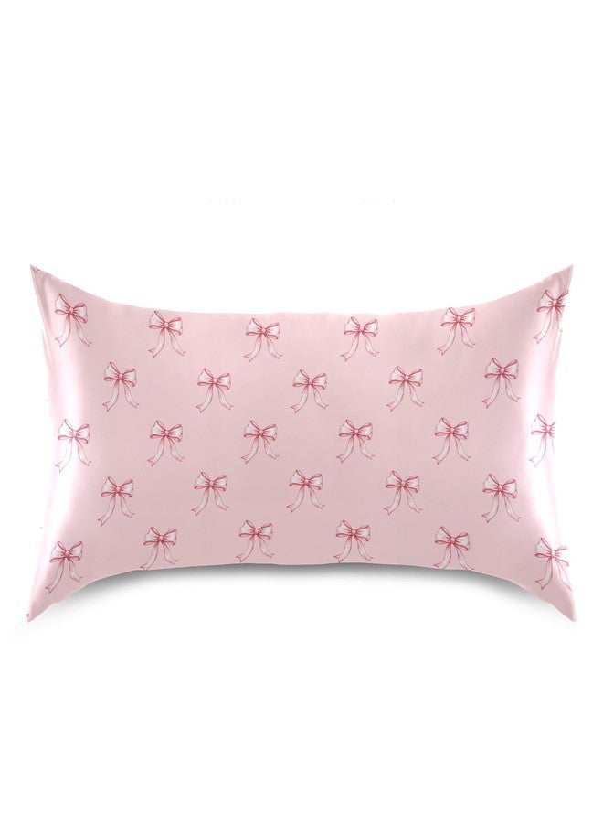 KOPIRIT Ribbon Bow Pink Pillow Covers Silk Pillowcase for Hair and Skin Soft Breathable Smooth Cooling Satin Pillowcase Standard Size Pillow Case for Hot Sleepers Bed Women 20x26 Inch - Image 3