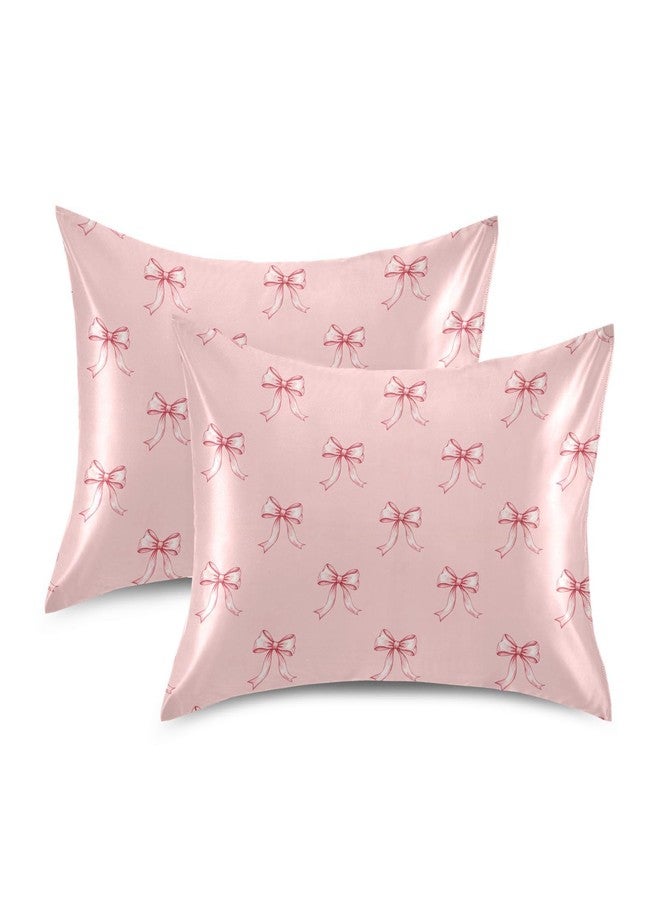 KOPIRIT Ribbon Bow Pink Pillow Covers Silk Pillowcase for Hair and Skin Soft Breathable Smooth Cooling Satin Pillowcase Standard Size Pillow Case for Hot Sleepers Bed Women 20x26 Inch - Image 2