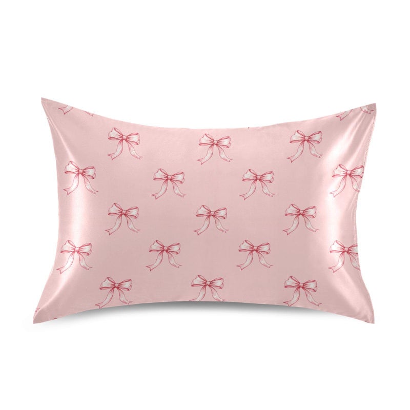 KOPIRIT Ribbon Bow Pink Pillow Covers Silk Pillowcase for Hair and Skin Soft Breathable Smooth Cooling Satin Pillowcase Standard Size Pillow Case for Hot Sleepers Bed Women 20x26 Inch - Image 1