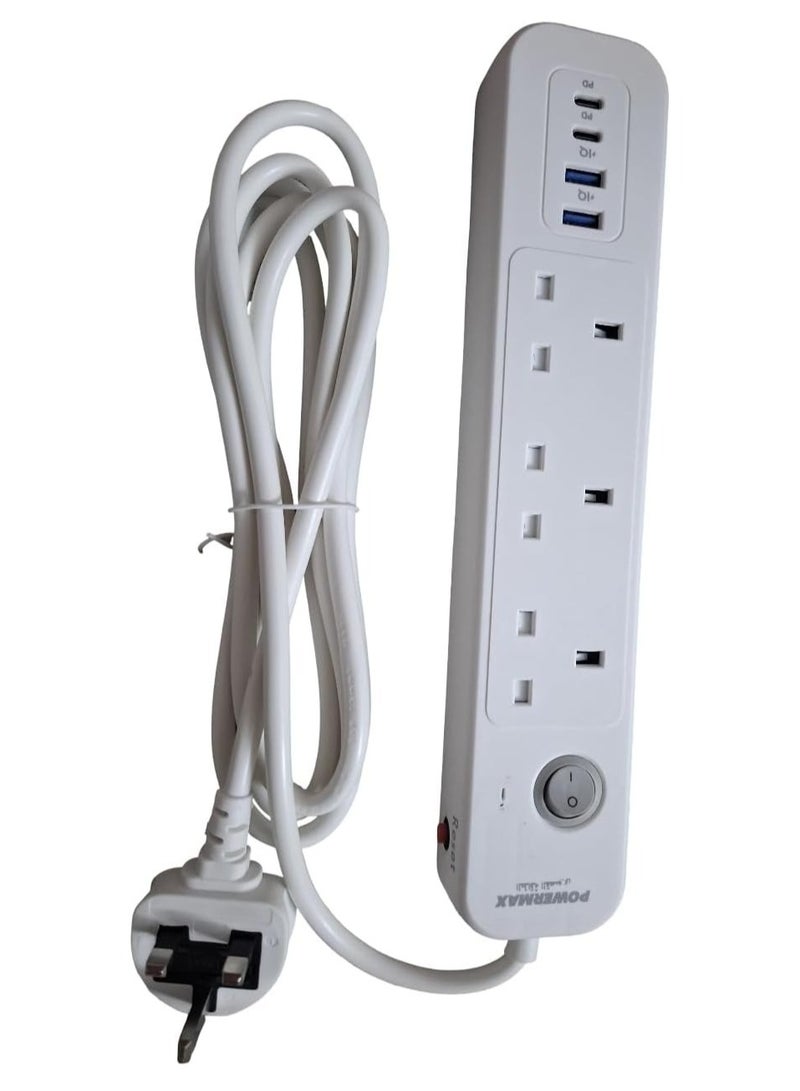 7 في 1 شريط طاقة مع واقي من زيادة التيار، قابس تمديد متعدد المنافذ، 3 منافذ تيار متردد، 2 منفذ شحن سريع من النوع C و2 منفذ USB، محطة شحن USB للمطبخ، الوصول إلى المكتب المنزلي - Image 1