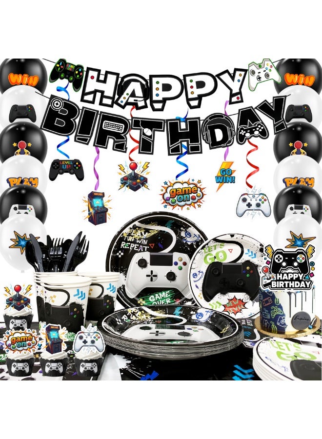 FRUITFUL PARTY Video Game Birthday Decorations for 16 Guests, 159pcs Gamer Birthday Party Decorations Tableware Set  Video Game Tablecloth Plates Banner Hanging Swirls Balloon etc.  Gaming Party Decoration Supplies - Image 1