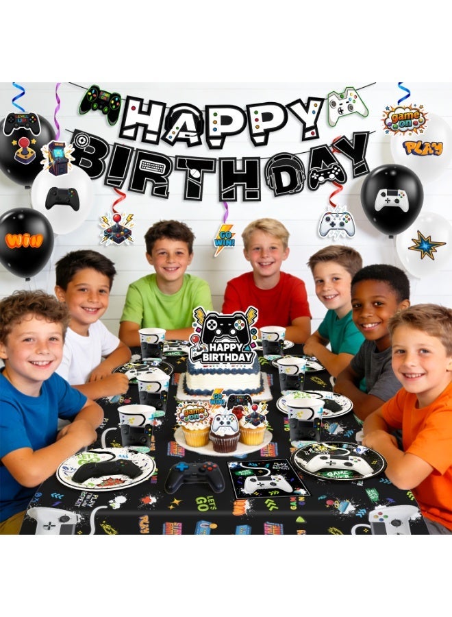FRUITFUL PARTY Video Game Birthday Decorations for 16 Guests, 159pcs Gamer Birthday Party Decorations Tableware Set  Video Game Tablecloth Plates Banner Hanging Swirls Balloon etc.  Gaming Party Decoration Supplies - Image 4