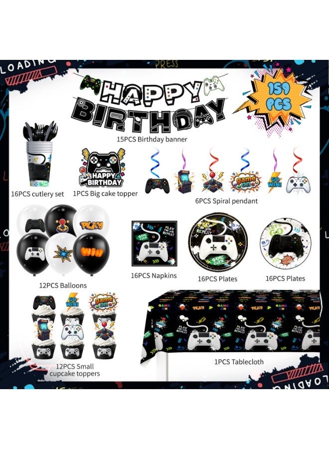 FRUITFUL PARTY Video Game Birthday Decorations for 16 Guests, 159pcs Gamer Birthday Party Decorations Tableware Set  Video Game Tablecloth Plates Banner Hanging Swirls Balloon etc.  Gaming Party Decoration Supplies - Image 2