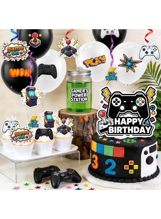 FRUITFUL PARTY Video Game Birthday Decorations for 16 Guests, 159pcs Gamer Birthday Party Decorations Tableware Set  Video Game Tablecloth Plates Banner Hanging Swirls Balloon etc.  Gaming Party Decoration Supplies - Image 5