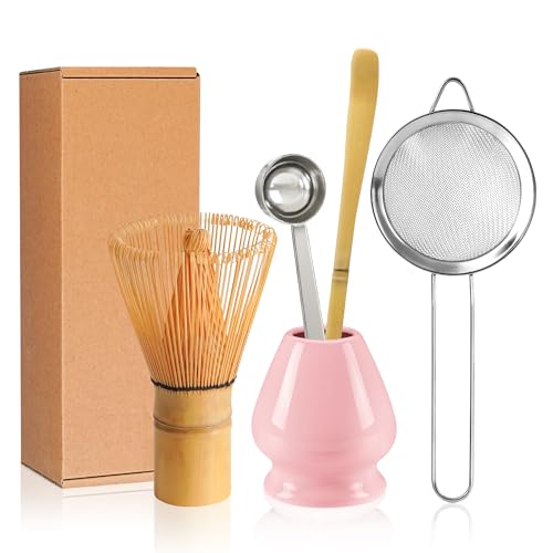YIBO Matcha Whisk Set Pink, Matcha Making Kit Bamboo Whisk (Chasen), Ceramic Whisk Holder Stand, Sifter, Scoop Japanese Tea Tools For Ceremony Gift - Image 1