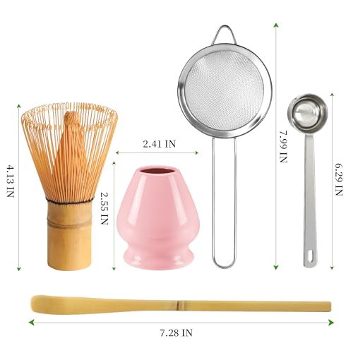 YIBO Matcha Whisk Set Pink, Matcha Making Kit Bamboo Whisk (Chasen), Ceramic Whisk Holder Stand, Sifter, Scoop Japanese Tea Tools For Ceremony Gift - Image 2