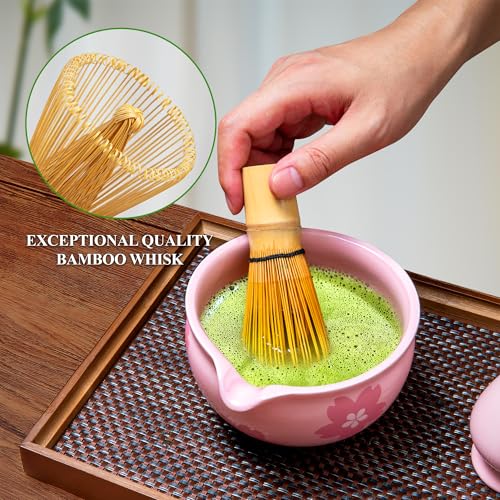 YIBO Matcha Whisk Set Pink, Matcha Making Kit Bamboo Whisk (Chasen), Ceramic Whisk Holder Stand, Sifter, Scoop Japanese Tea Tools For Ceremony Gift - Image 4