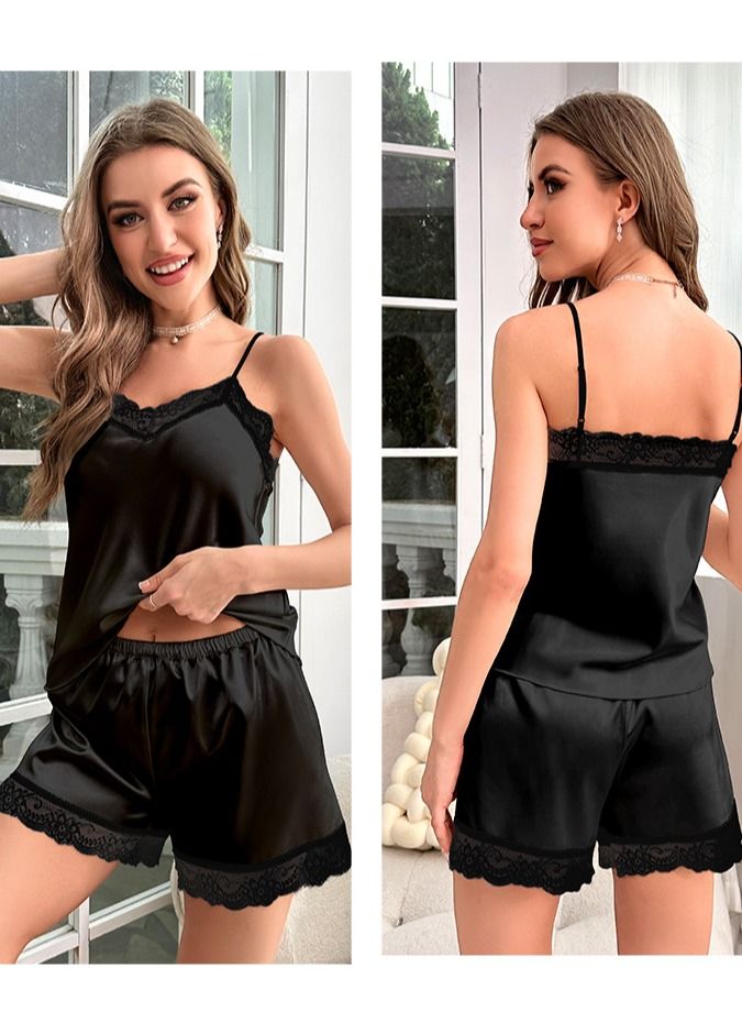 Loquat Women's Lace Stitching 2-Piece Set Nightgown Sleepwear Camisole Top And Shorts Soft Loungewear Pajamas  Suit Black  - Image 2