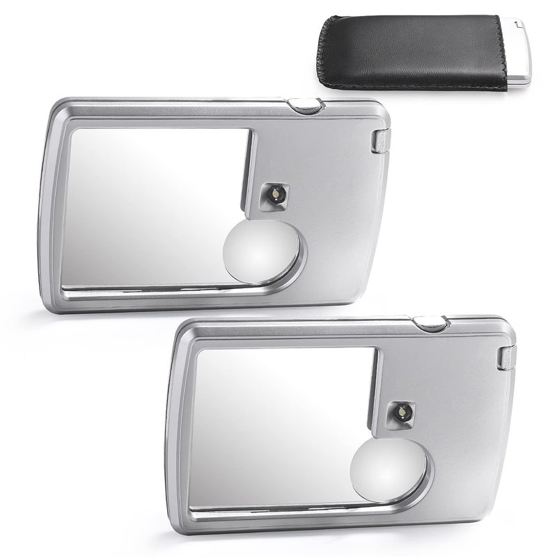 Amoper 2 Pieces 3X 6X Pocket Magnifying Glass with Light, Card Type Magnifying Portable Glasses Lighted Magnifier for Reading Jewelry Menu Travel Contracts Home (Sliver) - Image 1