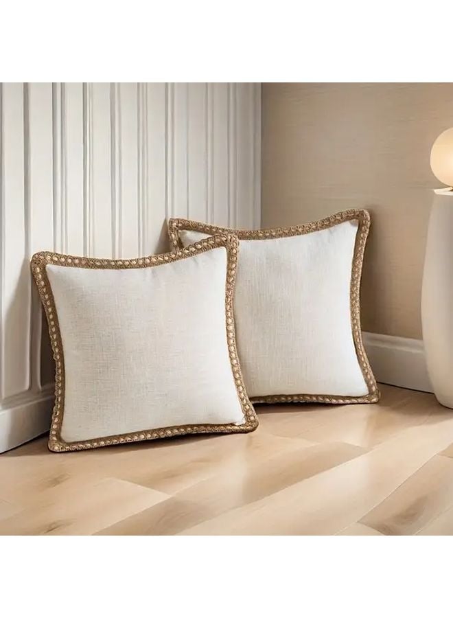 Yellow Linen Pillow Cover 18x18 Inch Zippered Cushion Case with Rope Trim for Living Room - Image 2