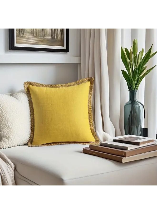 Yellow Linen Pillow Cover 18x18 Inch Zippered Cushion Case with Rope Trim for Living Room - Image 1
