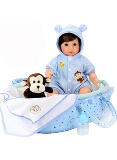 Aori Lifelike Reborn Baby Dolls Blue Bassinet 18 Inch Realistic Newborn Boy Doll With Weighted Soft Body With 8 Piece Monkey Toy Carrier Bed Set  - Image 1