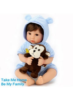 Aori Lifelike Reborn Baby Dolls Blue Bassinet 18 Inch Realistic Newborn Boy Doll With Weighted Soft Body With 8 Piece Monkey Toy Carrier Bed Set  - Image 4