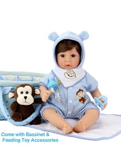 Aori Lifelike Reborn Baby Dolls Blue Bassinet 18 Inch Realistic Newborn Boy Doll With Weighted Soft Body With 8 Piece Monkey Toy Carrier Bed Set  - Image 3