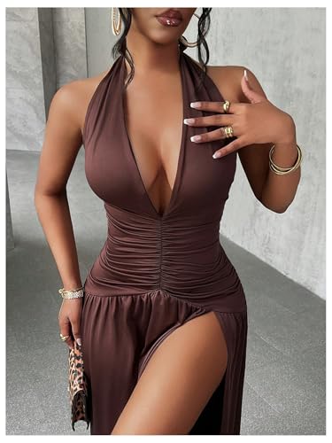 SweatyRocks Women's High Slit Ruched Sheer Sleeveless Low Cut Halter Maxi Dresses Brown Small - Image 4