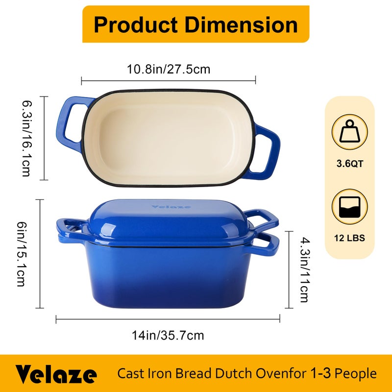 Velaze 3.6QT Dutch Oven for Bread Baking,Oval Cast Iron Enameled Bread Oven Pan with Lid and Offset Handles,Oven Safe to 500Â°F for Homemade Sourdough Bread(Blue) - Image 2