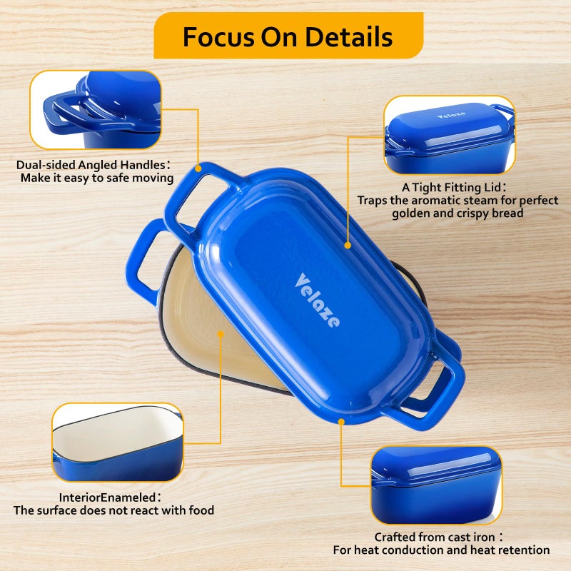 Velaze 3.6QT Dutch Oven for Bread Baking,Oval Cast Iron Enameled Bread Oven Pan with Lid and Offset Handles,Oven Safe to 500Â°F for Homemade Sourdough Bread(Blue) - Image 5