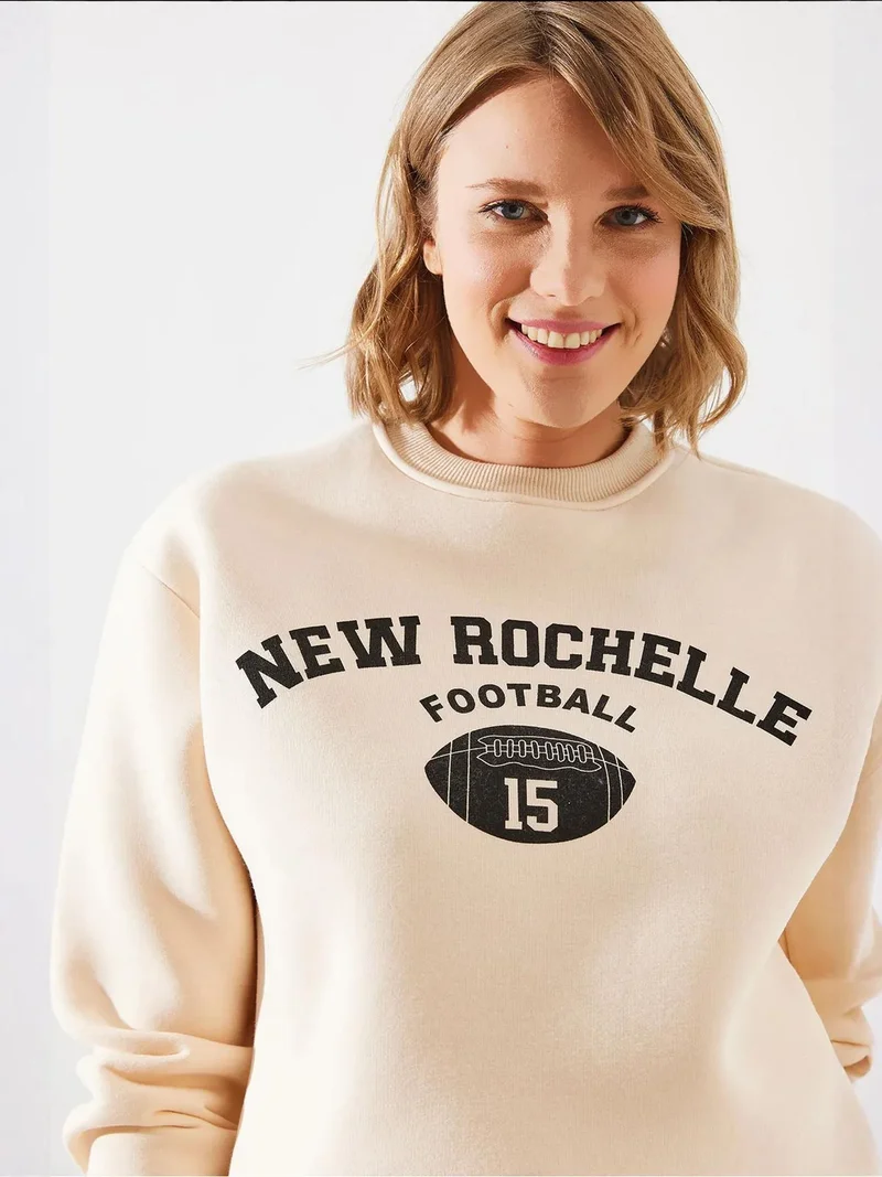 Bianco Lucci Beige Natural LUCCI Logo Print Relaxed Fit Crew Neck Sweatshirt for Women | Best Price UAE