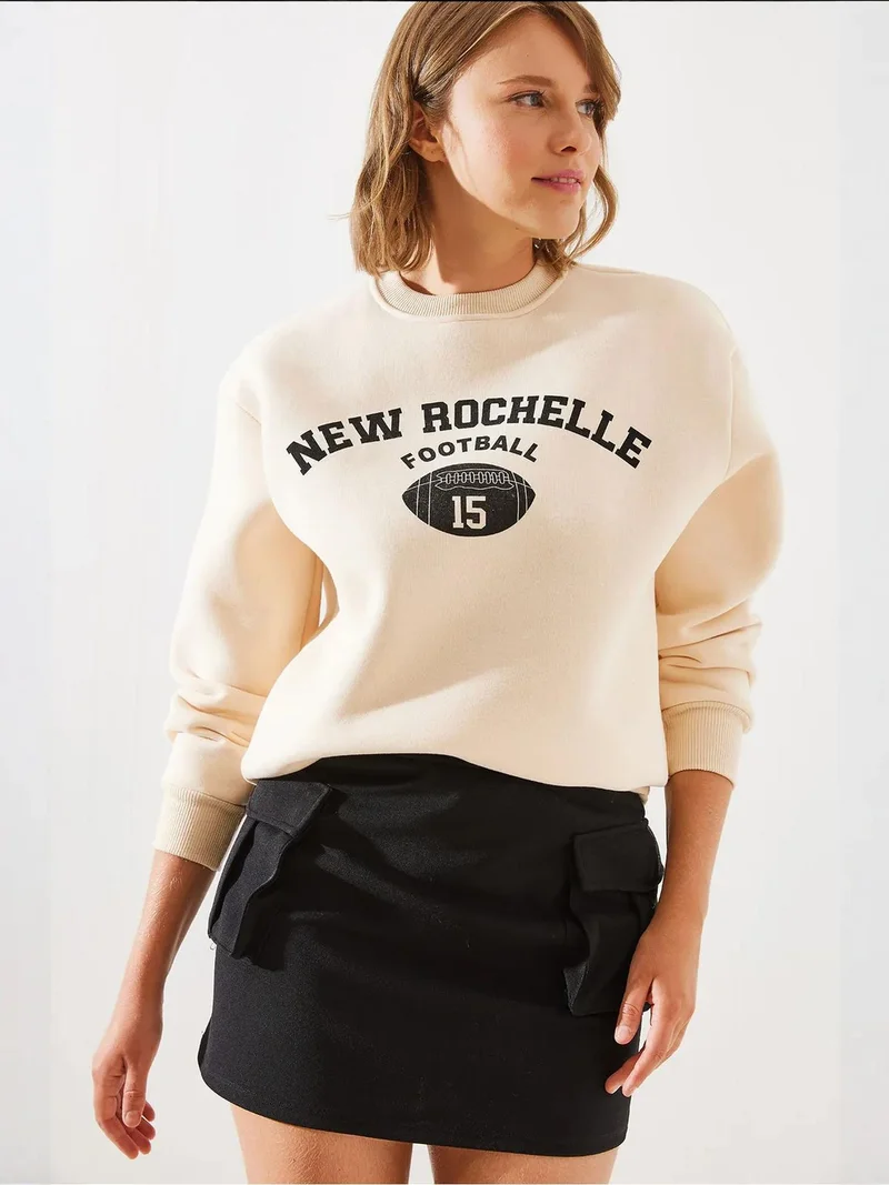 Bianco Lucci Beige Natural LUCCI Logo Print Relaxed Fit Crew Neck Sweatshirt for Women | Best Price UAE