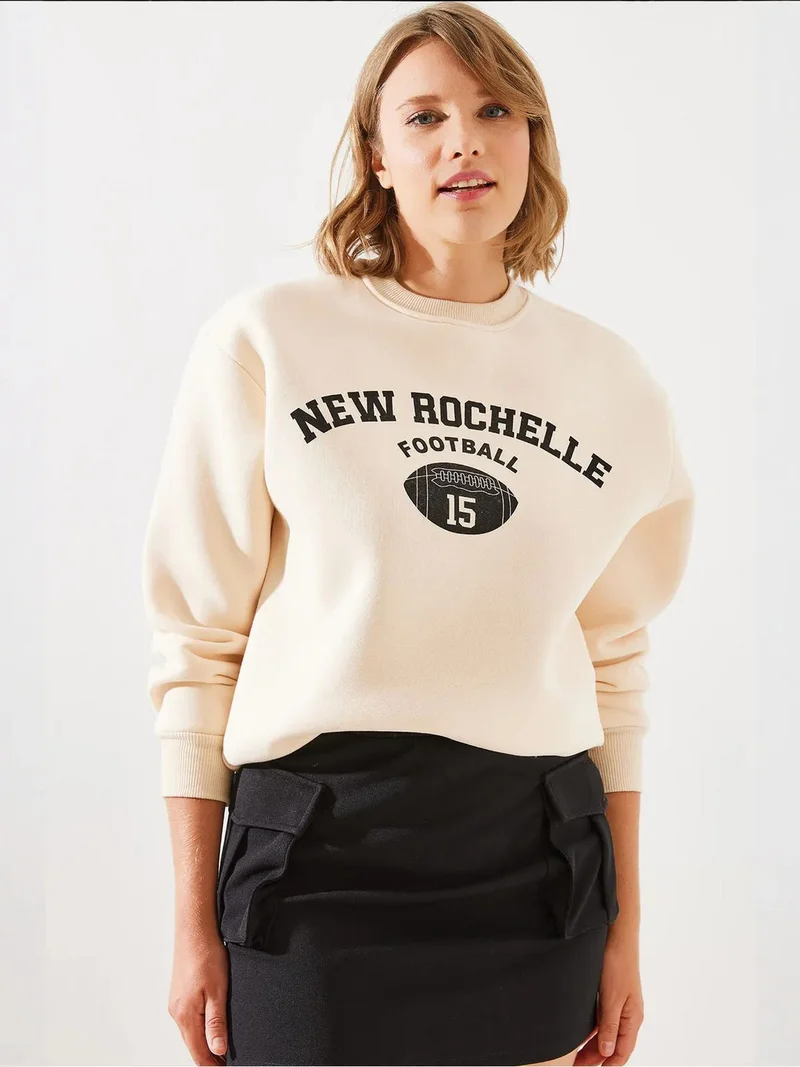 Bianco Lucci Beige Natural LUCCI Logo Print Relaxed Fit Crew Neck Sweatshirt for Women | Best Price UAE