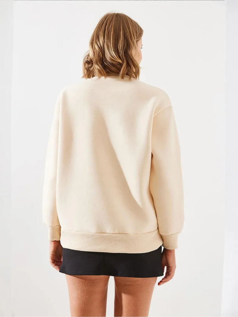 Bianco Lucci Beige Natural LUCCI Logo Print Relaxed Fit Crew Neck Sweatshirt for Women | Best Price UAE